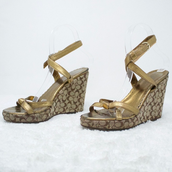 COACH Cathleen Sandals Brown Bronze Gold Wedge 6 - Picture 4 of 8